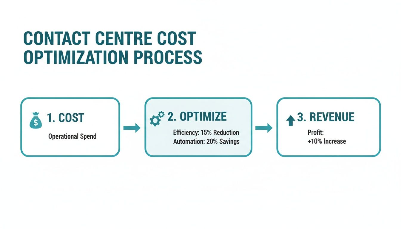 Diagram illustrating a contact centre cost optimization process with steps for cost, optimization, and revenue.