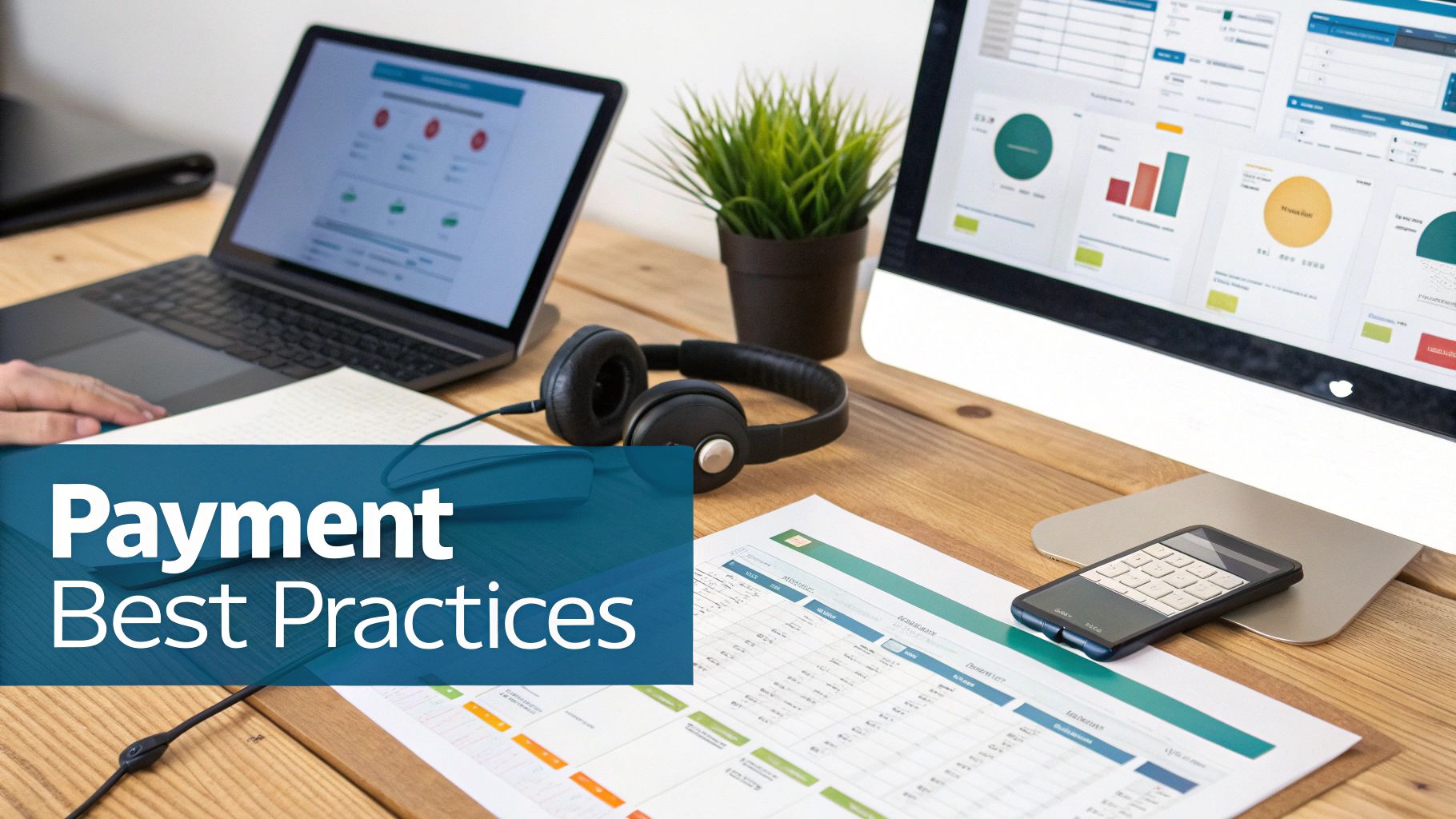 A modern workspace with a laptop, monitor displaying financial data, headphones, and documents about payment best practices.