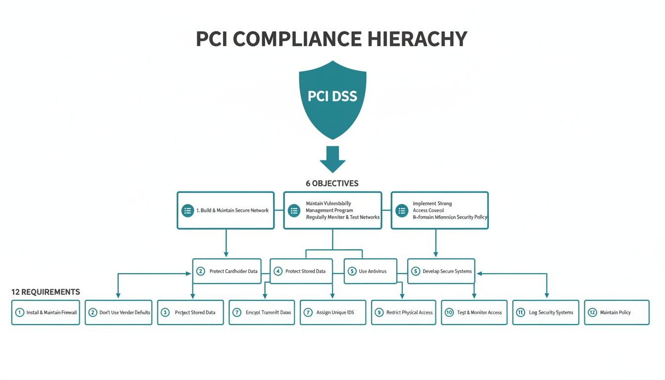 Hierarchy diagram illustrating PCI DSS with 6 objectives and 12 detailed compliance requirements.
