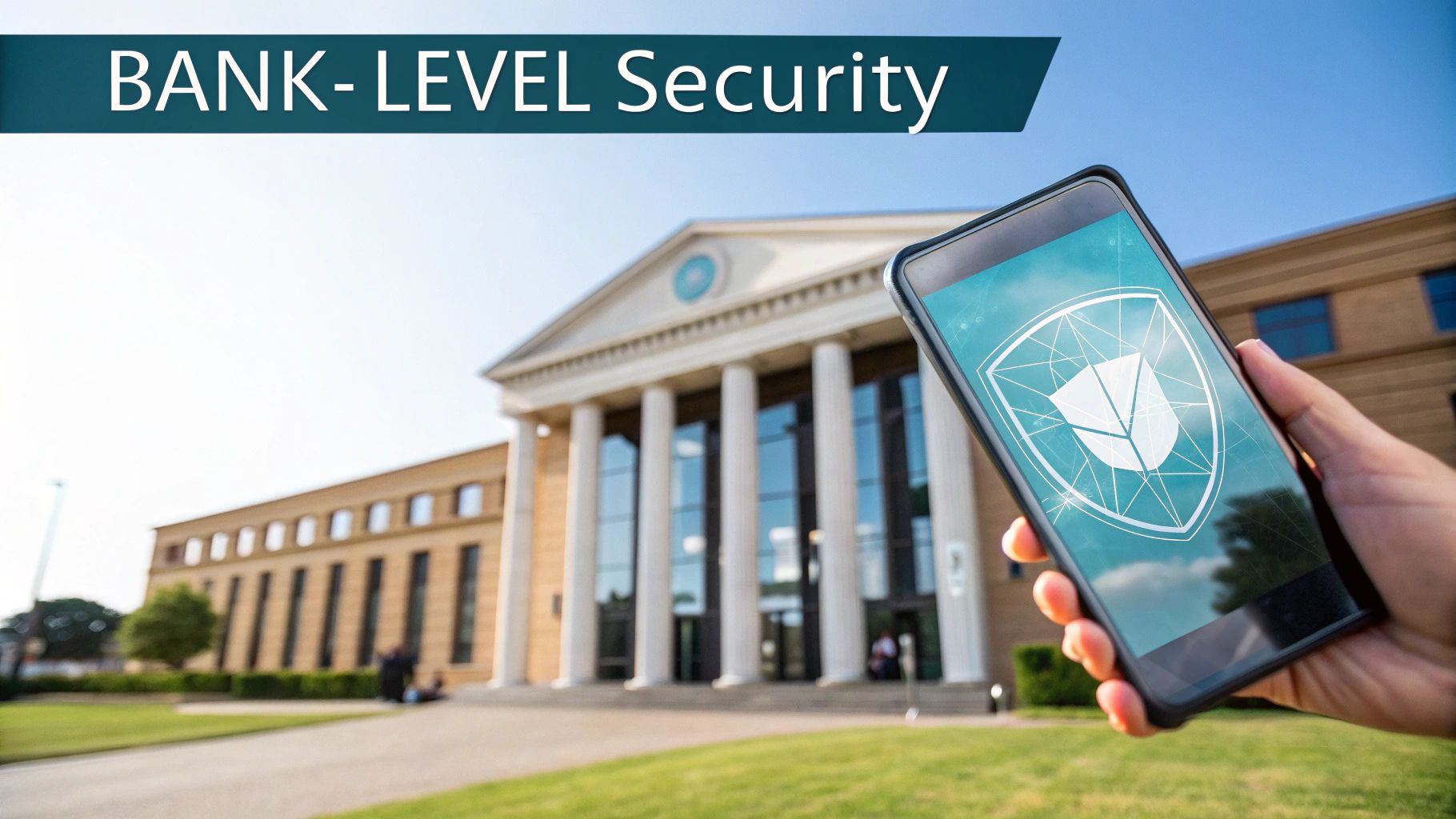 A hand holds a smartphone displaying a shield icon, in front of a grand building with 'BANK-LEVEL Security' text.
