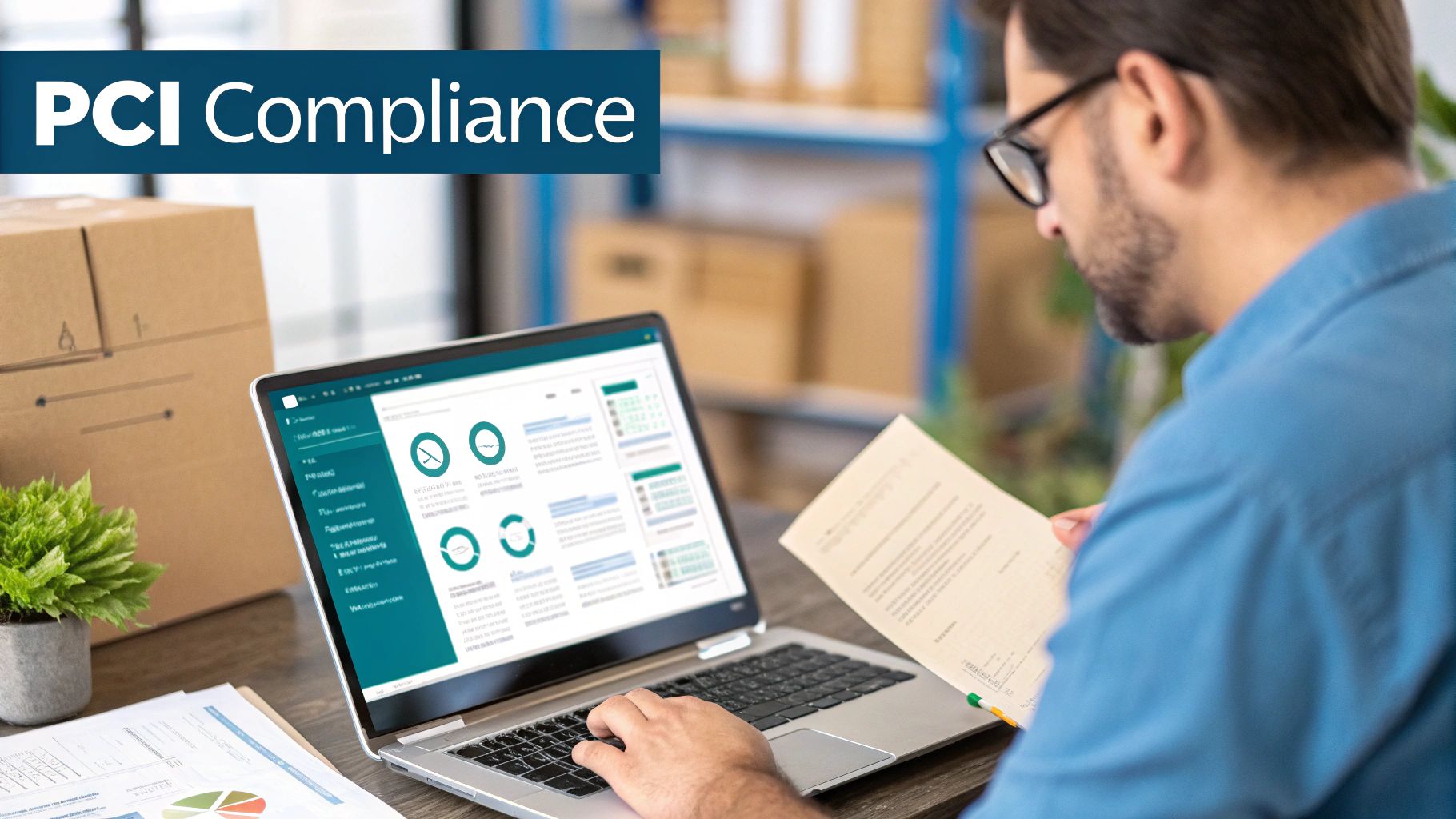Man reviewing documents and laptop data for PCI compliance in an office setting.