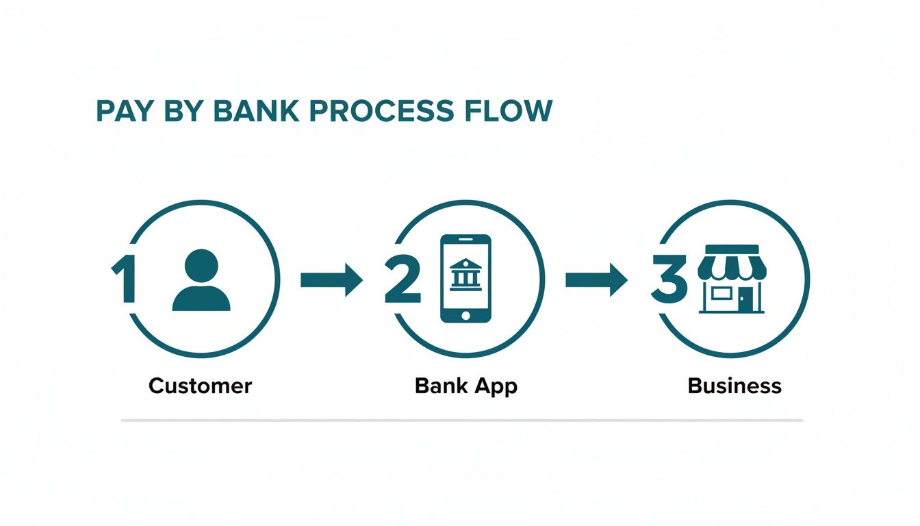 Diagram illustrating the three-step 'Pay by Bank' process flow: Customer, Bank App, and Business.