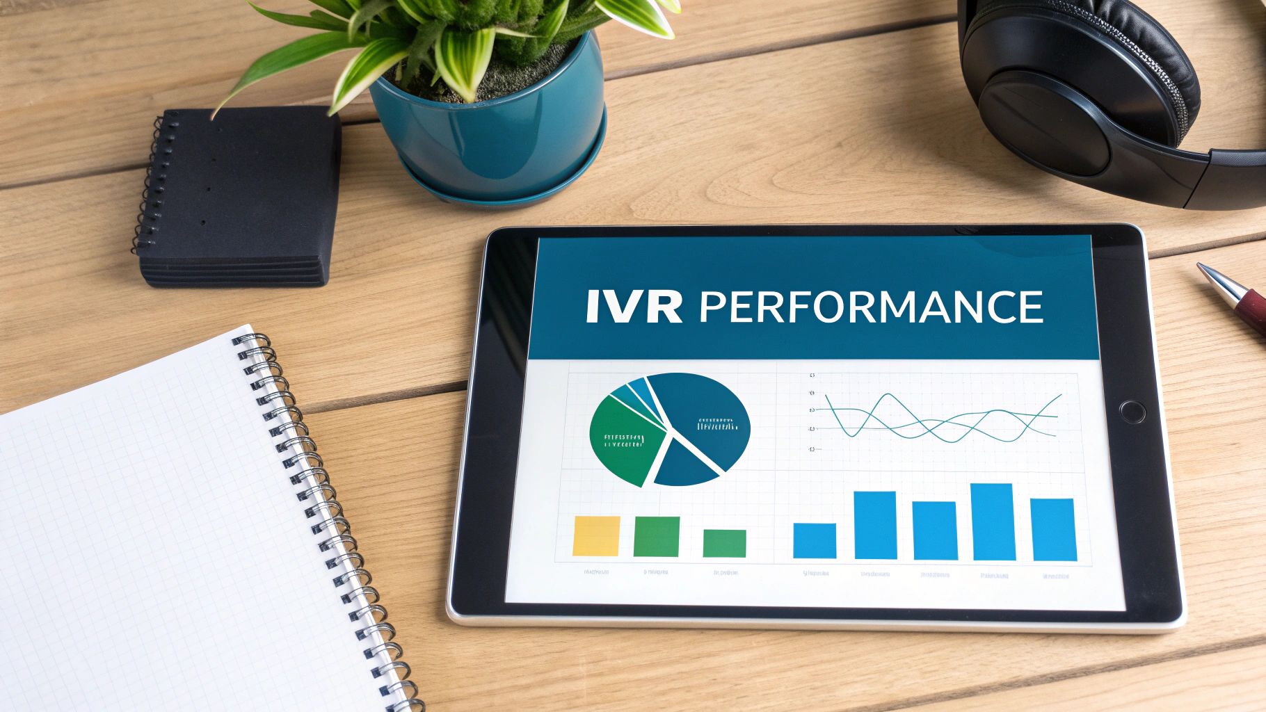 IVR performance data and charts displayed on a tablet screen on a wooden office desk.