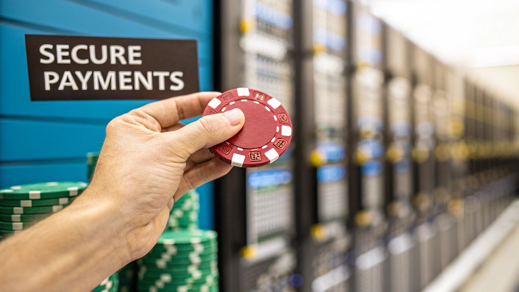 A hand holds a red poker chip near a 'SECURE PAYMENTS' sign and server racks.