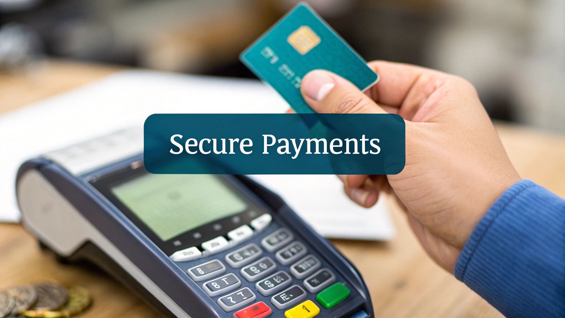 A hand holding a green credit card over a payment terminal, with 'Secure Payments' text.