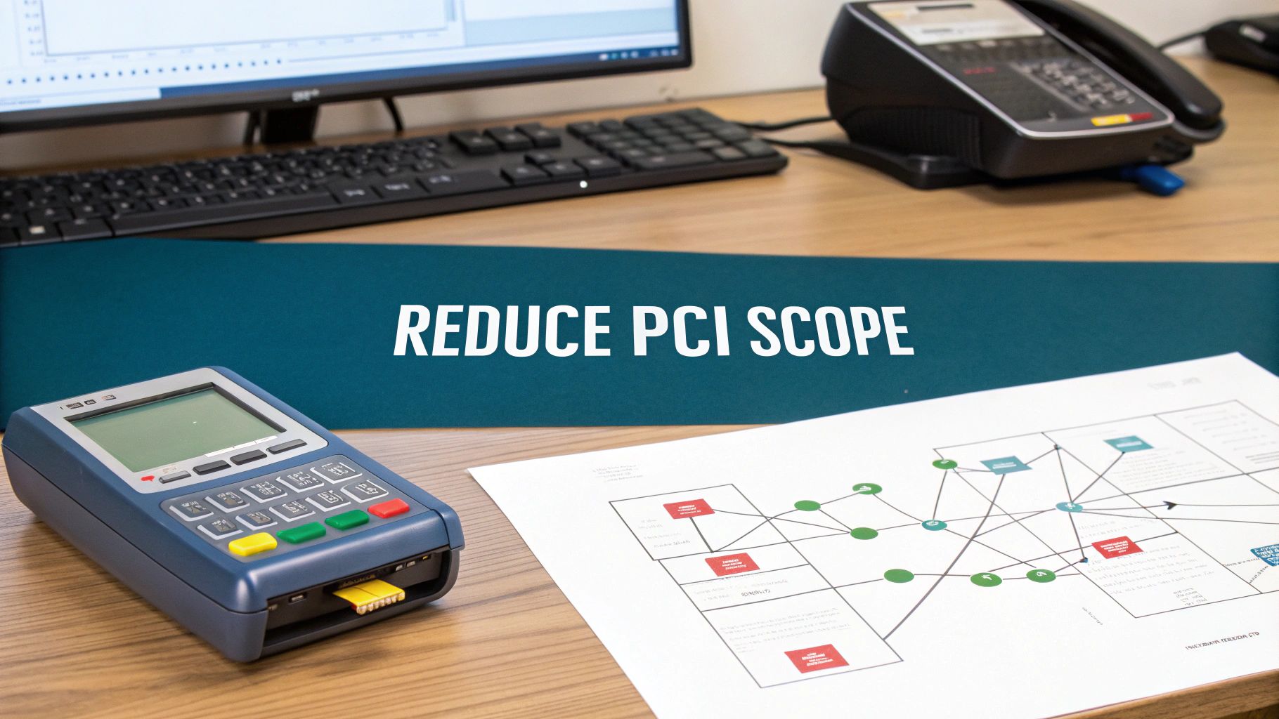 An office desk setup featuring a computer, phone, payment terminal, and a document with a network diagram, emphasizing 'REDUCE PCI SCOPE'.
