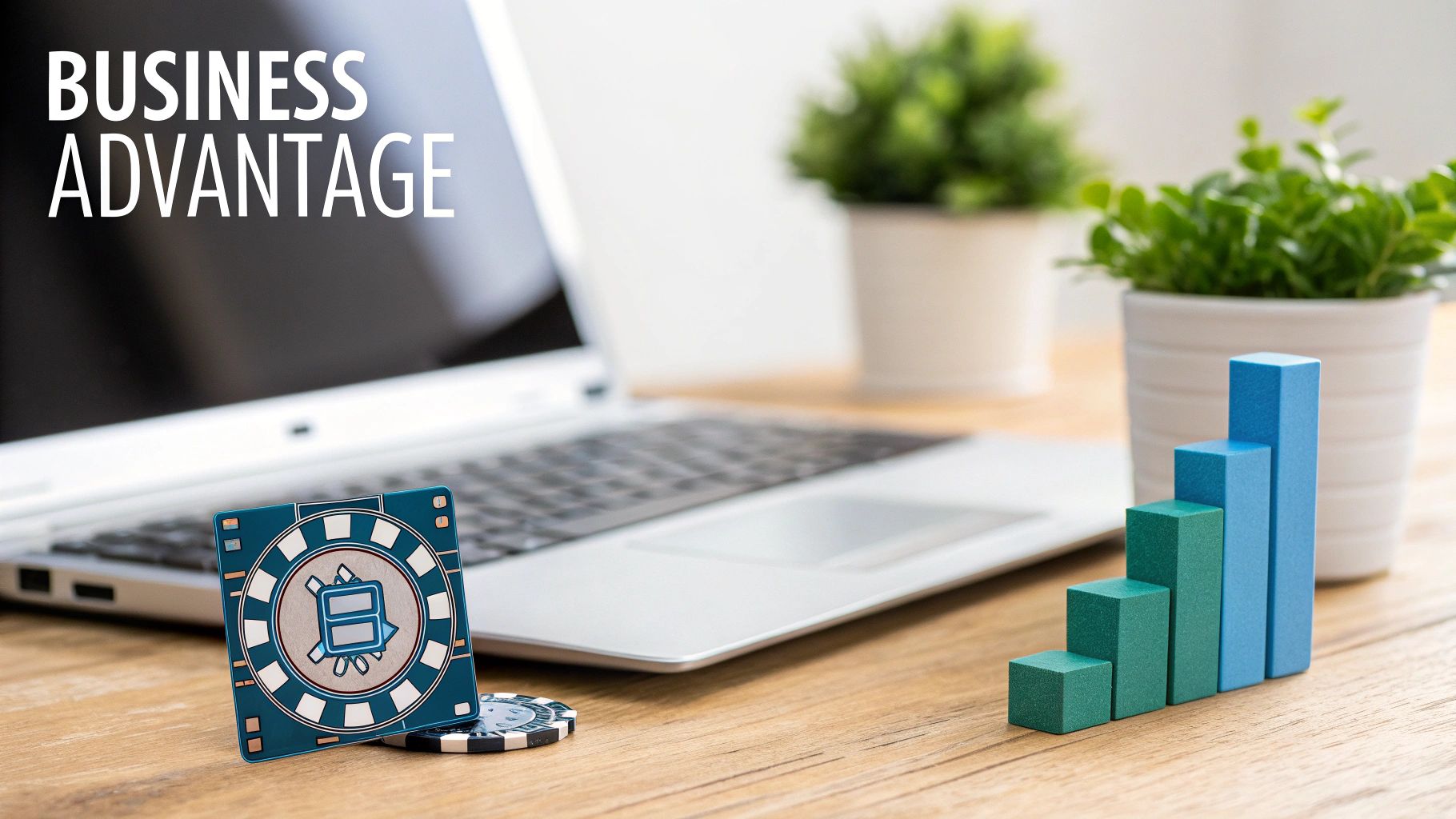 A laptop screen displaying 'BUSINESS ADVANTAGE', a payment token, poker chips, and a bar chart symbolizing growth on a desk.