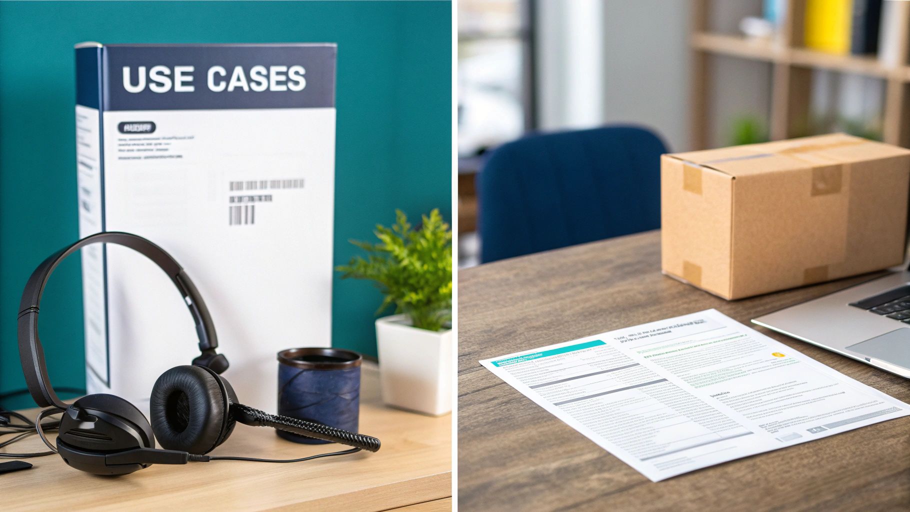 A split image showing headphones, a 'USE CASES' box, a shipping package, and a laptop on desks.