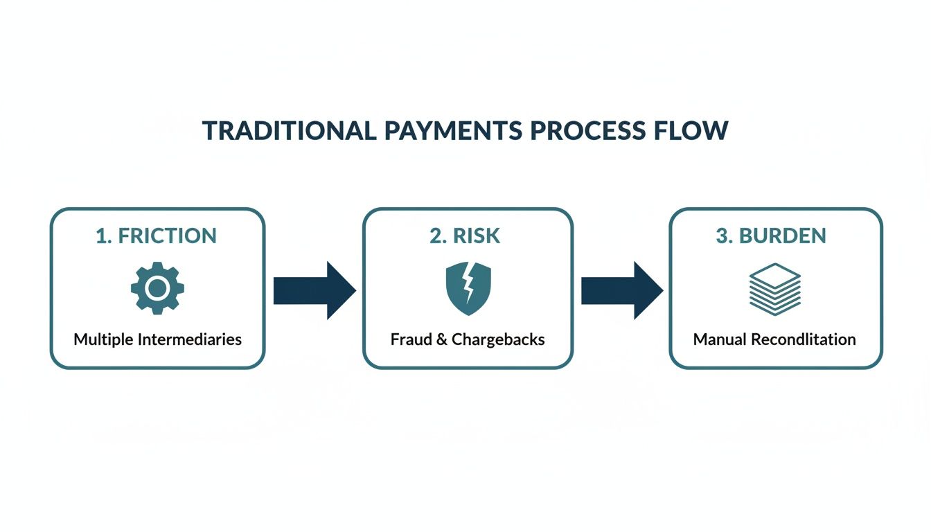 Flowchart illustrating traditional payment process friction, risk of fraud and chargebacks, and burden of manual reconciliation.
