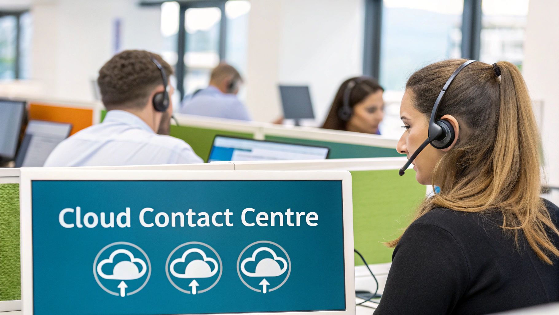 Side view of a female contact center agent wearing a headset, working at a computer displaying 'Cloud Contact Centre'.