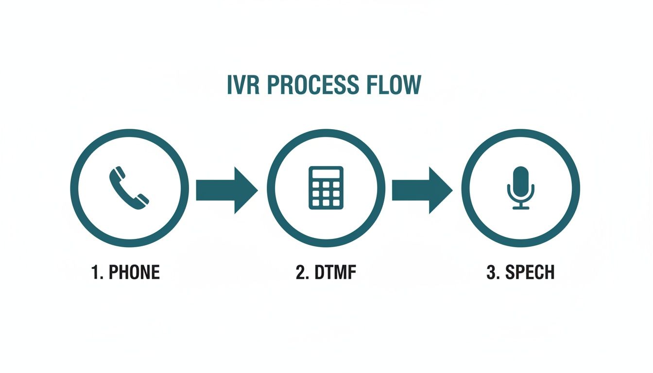 Flow chart showing the IVR process with steps: Phone call, DTMF input, and speech recognition.