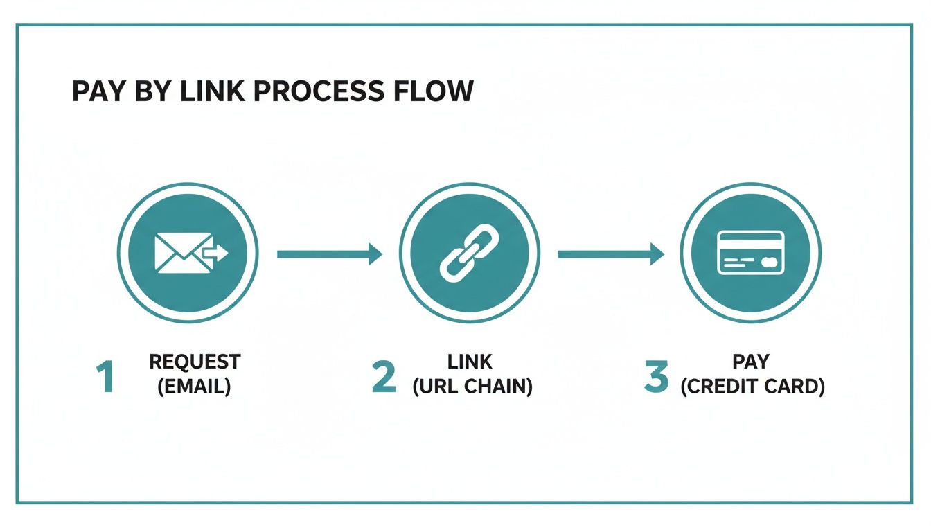 A flowchart details the pay by link process, showing request, link generation, and payment steps.