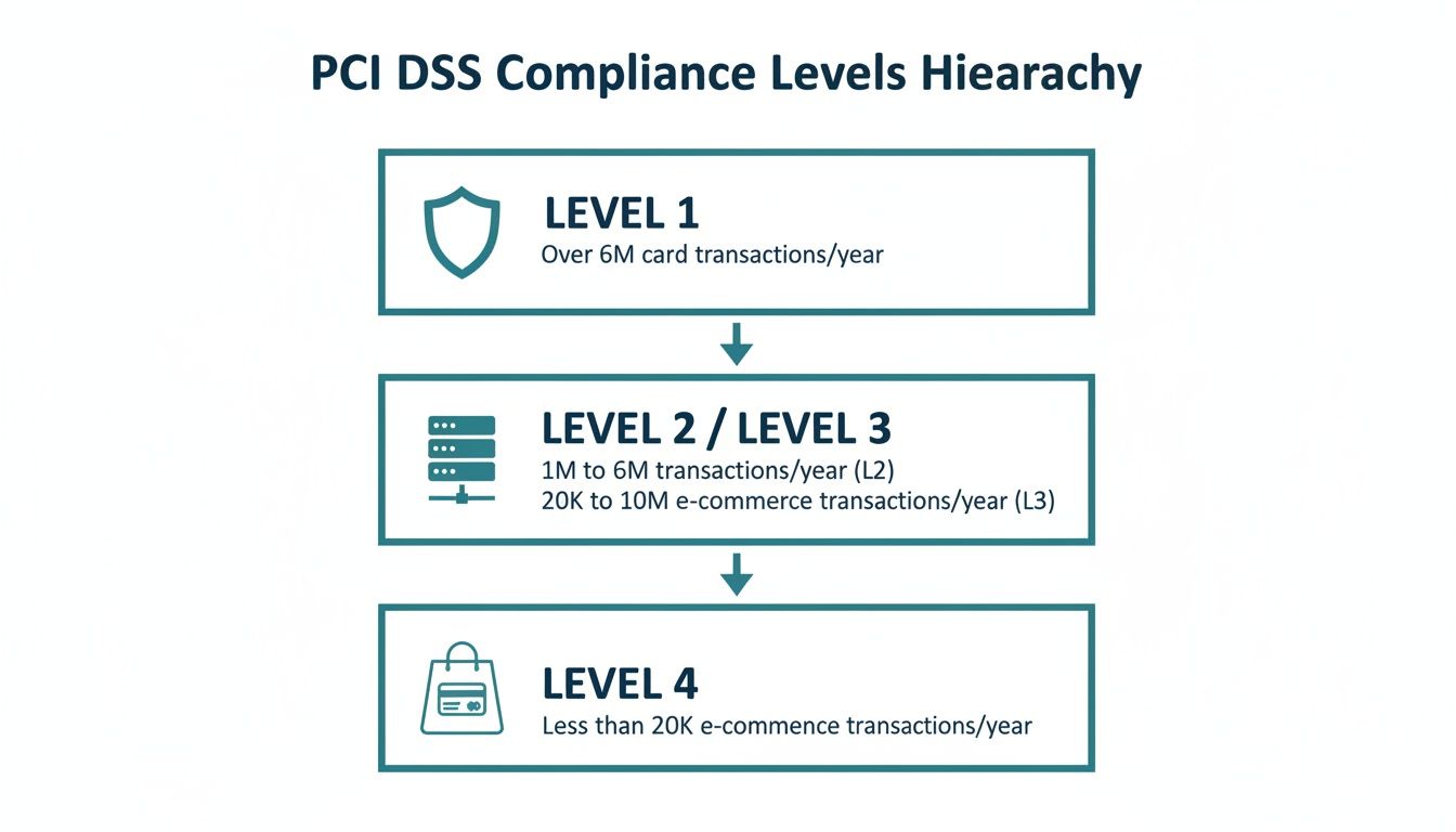 Diagram outlining PCI DSS compliance levels (1-4) based on annual card and e-commerce transaction volumes.