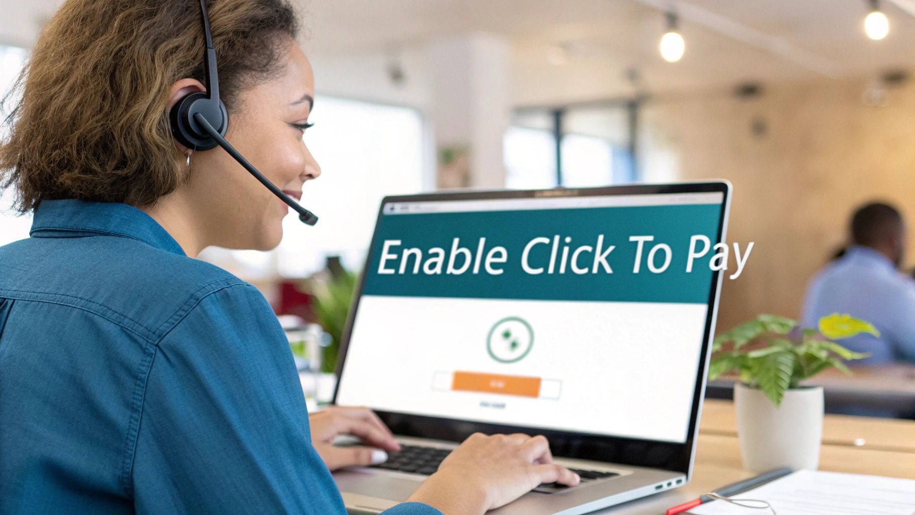 Smiling woman with headset on laptop displaying 'Enable Click To Pay' in an office.
