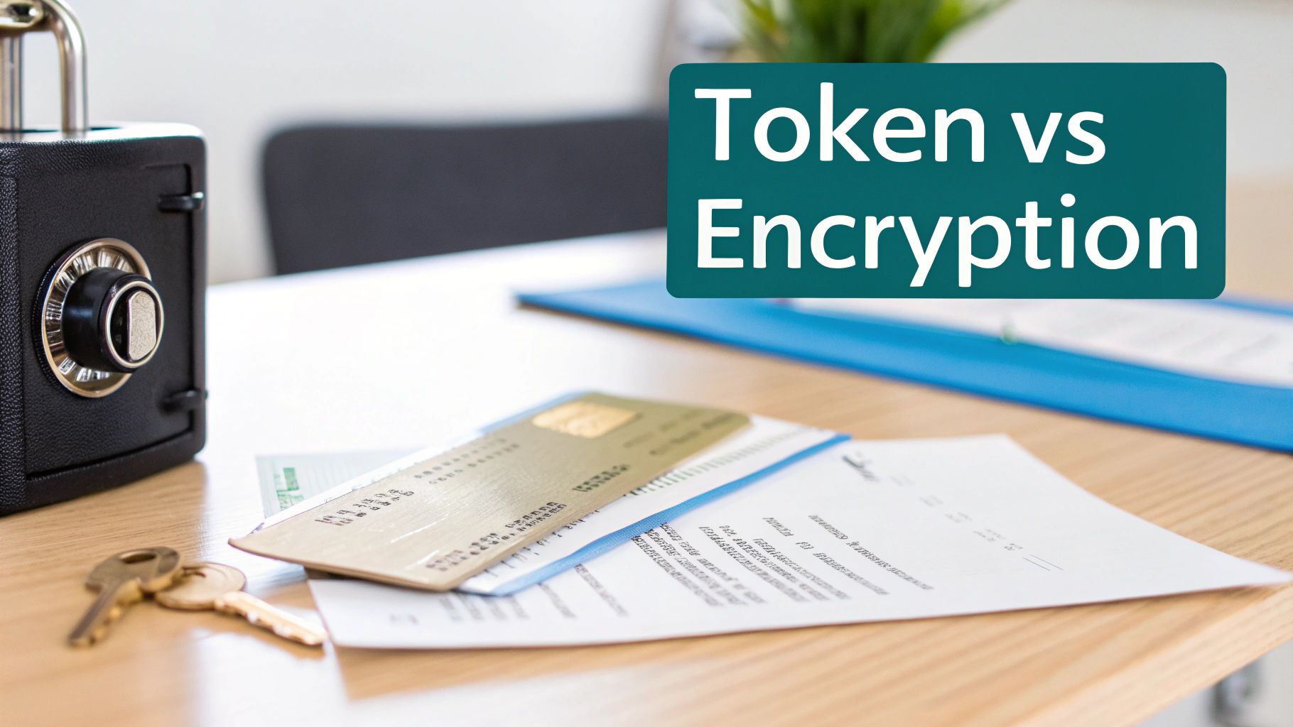 A desk with a small black safe, a credit card, keys, and papers, featuring a 'Token vs Encryption' overlay.