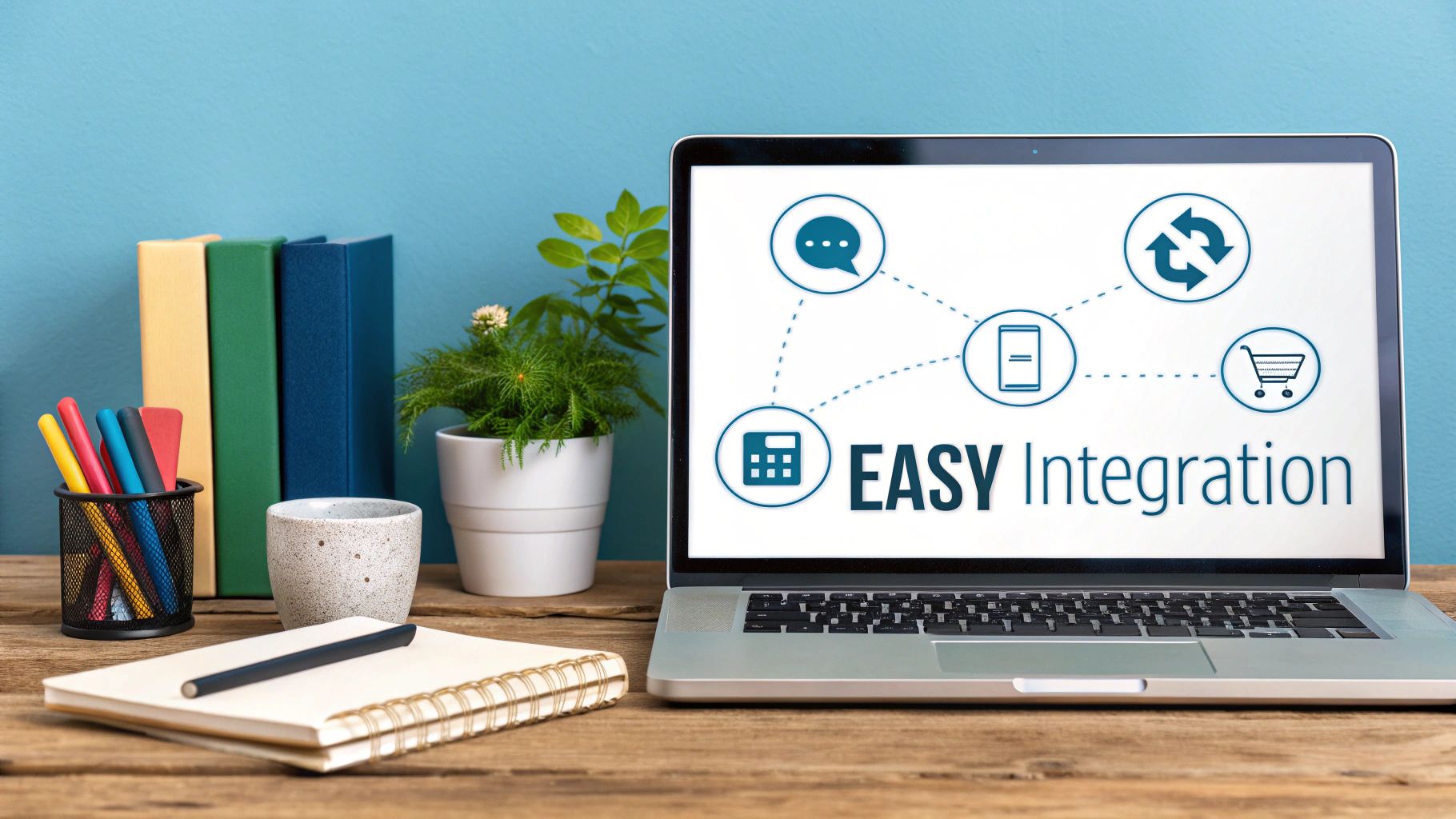 A laptop displaying 'EASY Integration' on a wooden desk with office supplies and a plant.