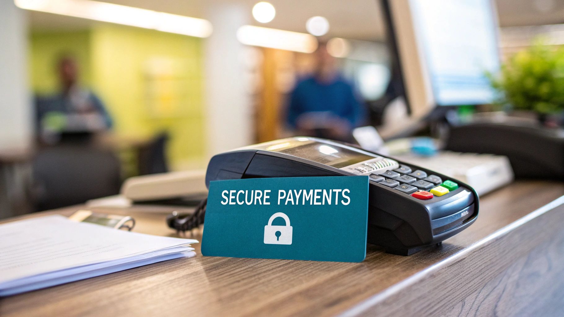A payment terminal on a wooden counter with a sign reading 'Secure Payments' and a padlock icon.