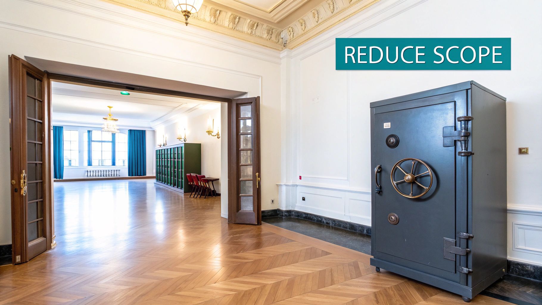A grand room with ornate details, featuring a large vintage grey safe and an open doorway.