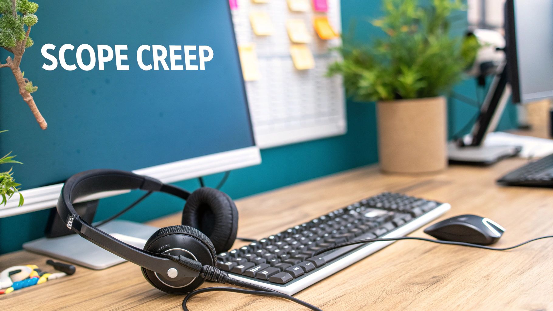 An office desk with a computer monitor displaying 'SCOPE CREEP', headphones, keyboard, and mouse.