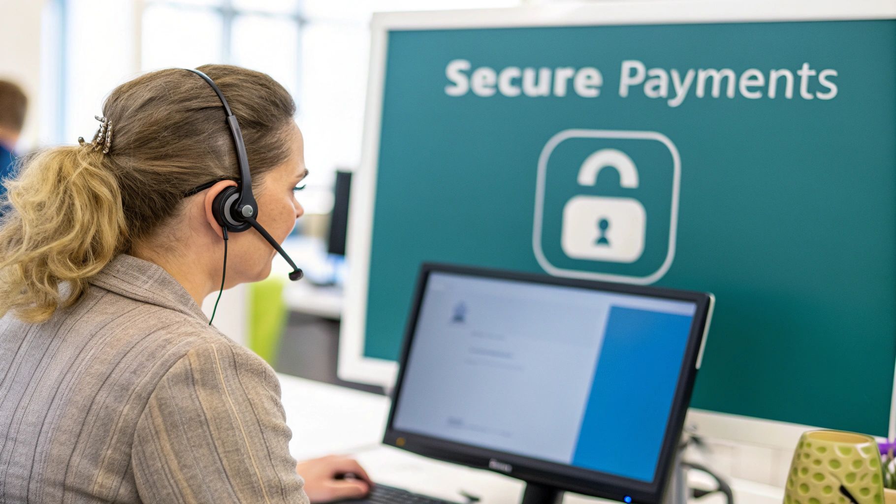 A customer service representative wearing a headset works at a computer, with a 'Secure Payments' screen in the background.