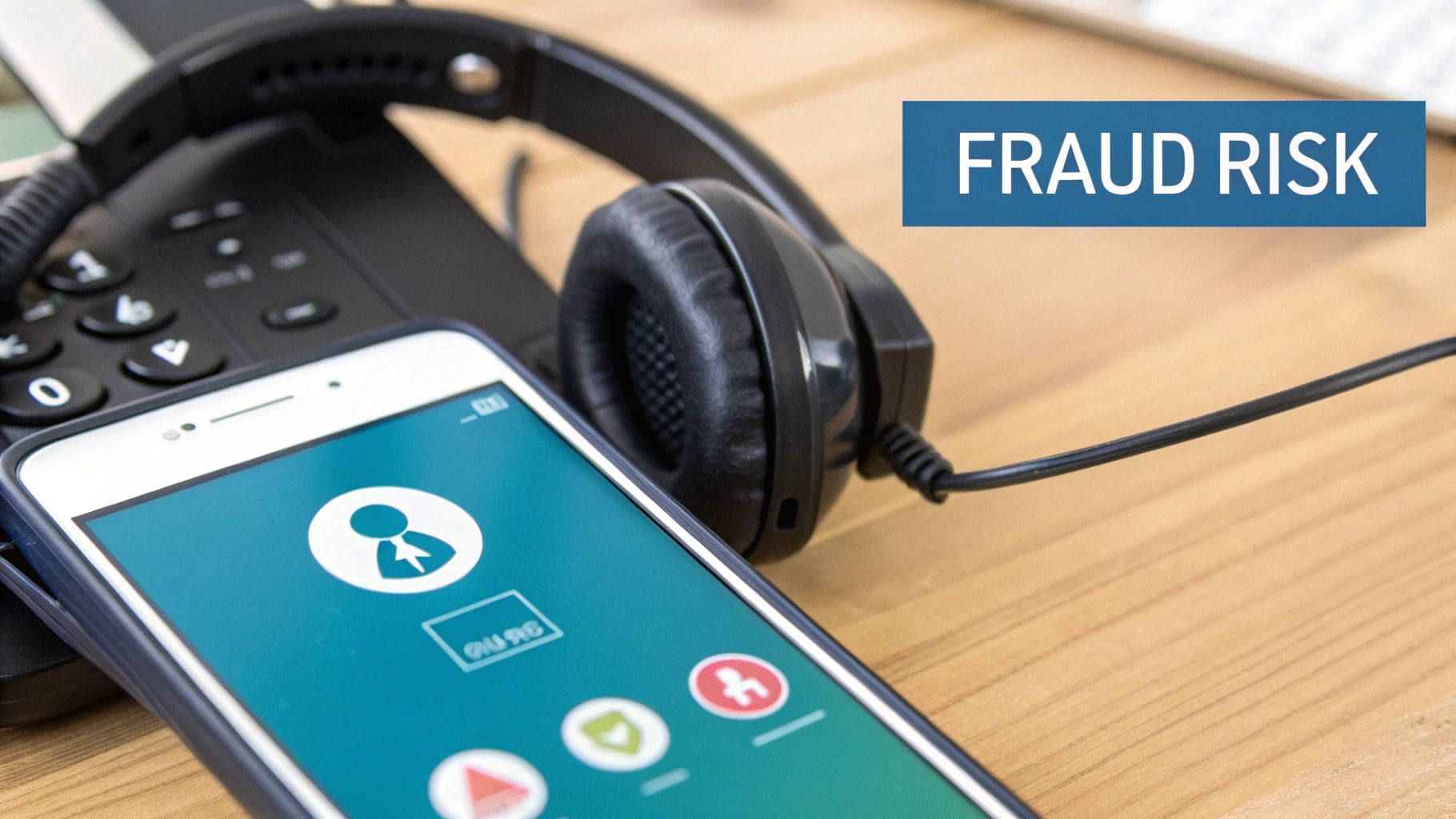 A smartphone on a desk phone with headphones, displaying a call screen and 'FRAUD RISK' banner.