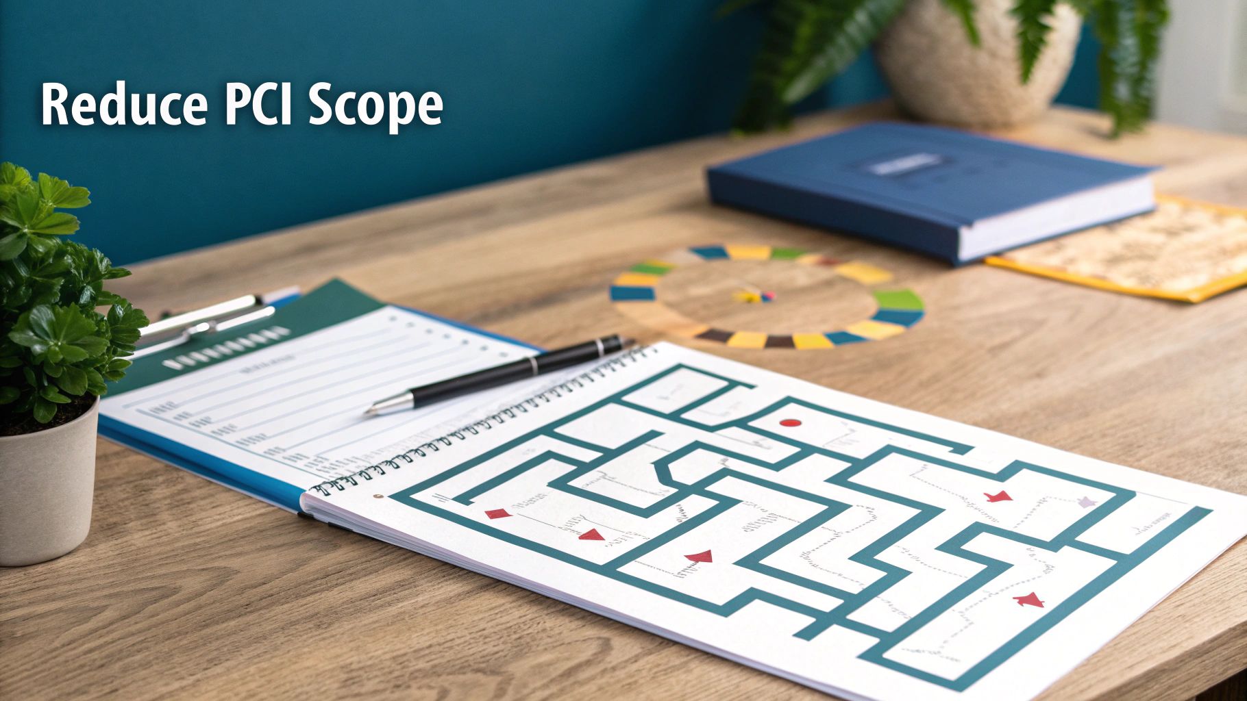 A desk with a maze diagram on a notebook, a clipboard, and a plant, symbolizing reducing PCI scope.