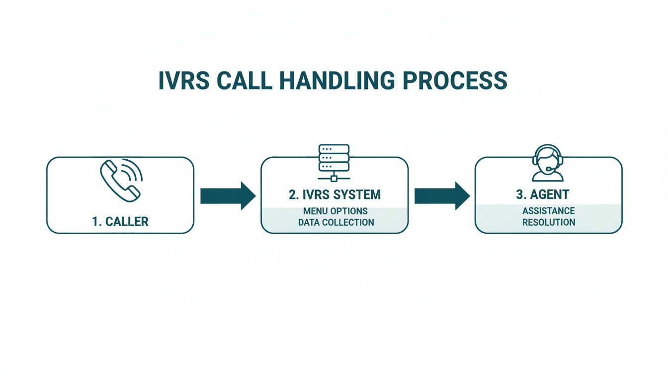 Flowchart illustrating the IVRS call handling process from caller interaction to agent resolution.