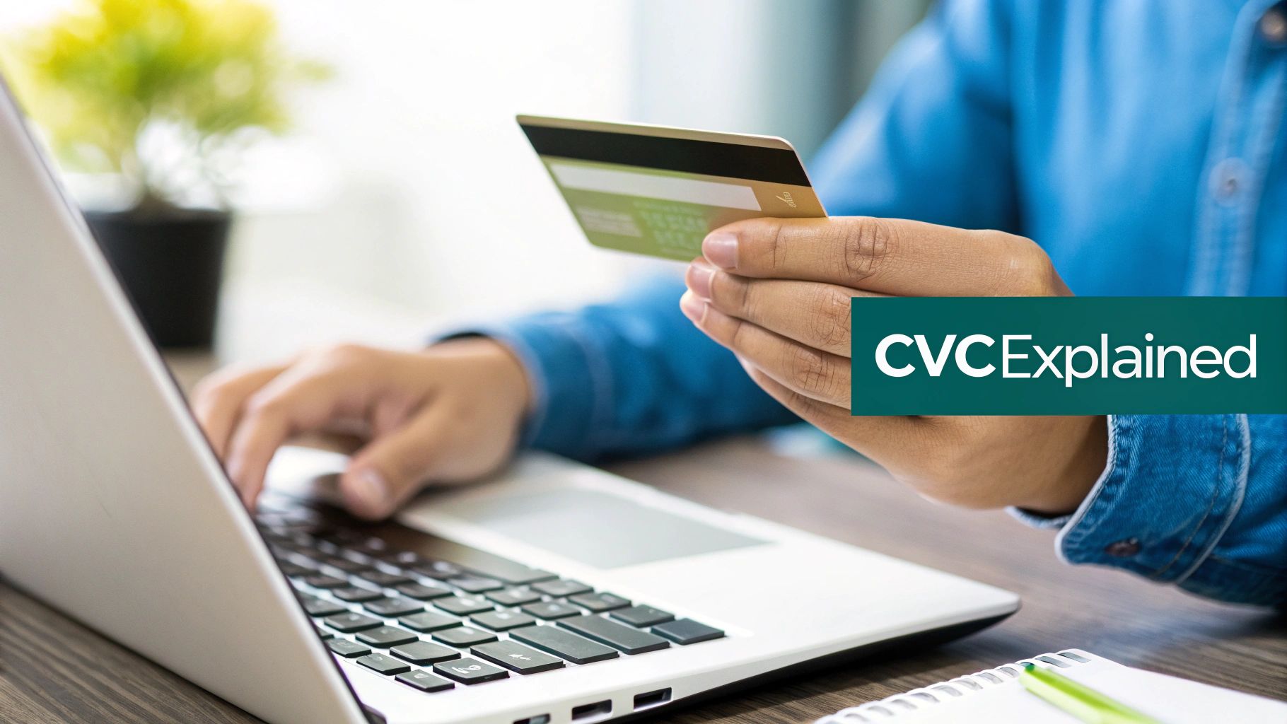 Person holding a credit card while typing on a laptop, with 'CVC Explained' overlay.