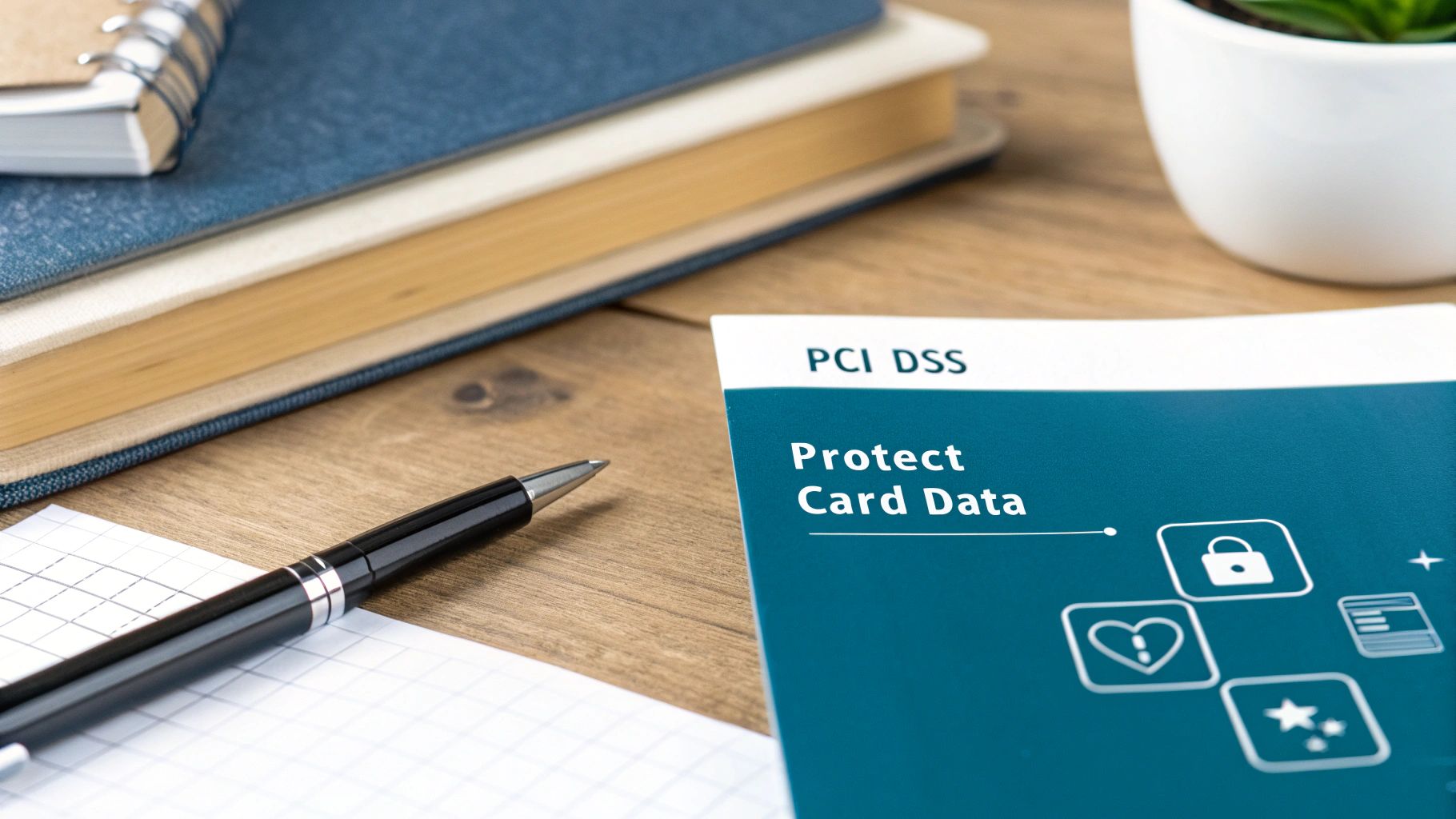 A document titled 'PCI DSS Protect Card Data' on a wooden desk with a pen and books.