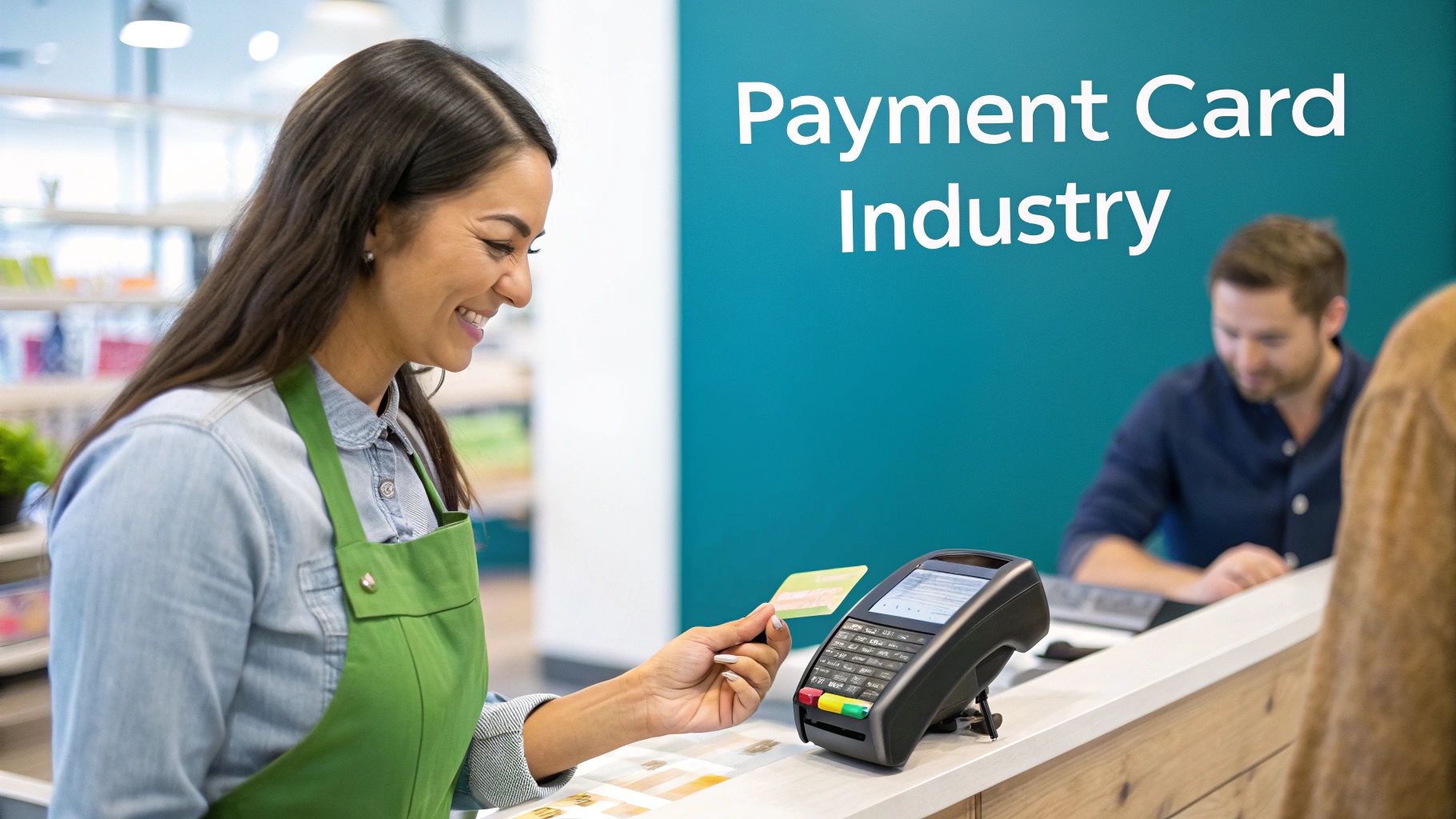 Smiling woman in green apron making a contactless payment with a credit card at a POS terminal.