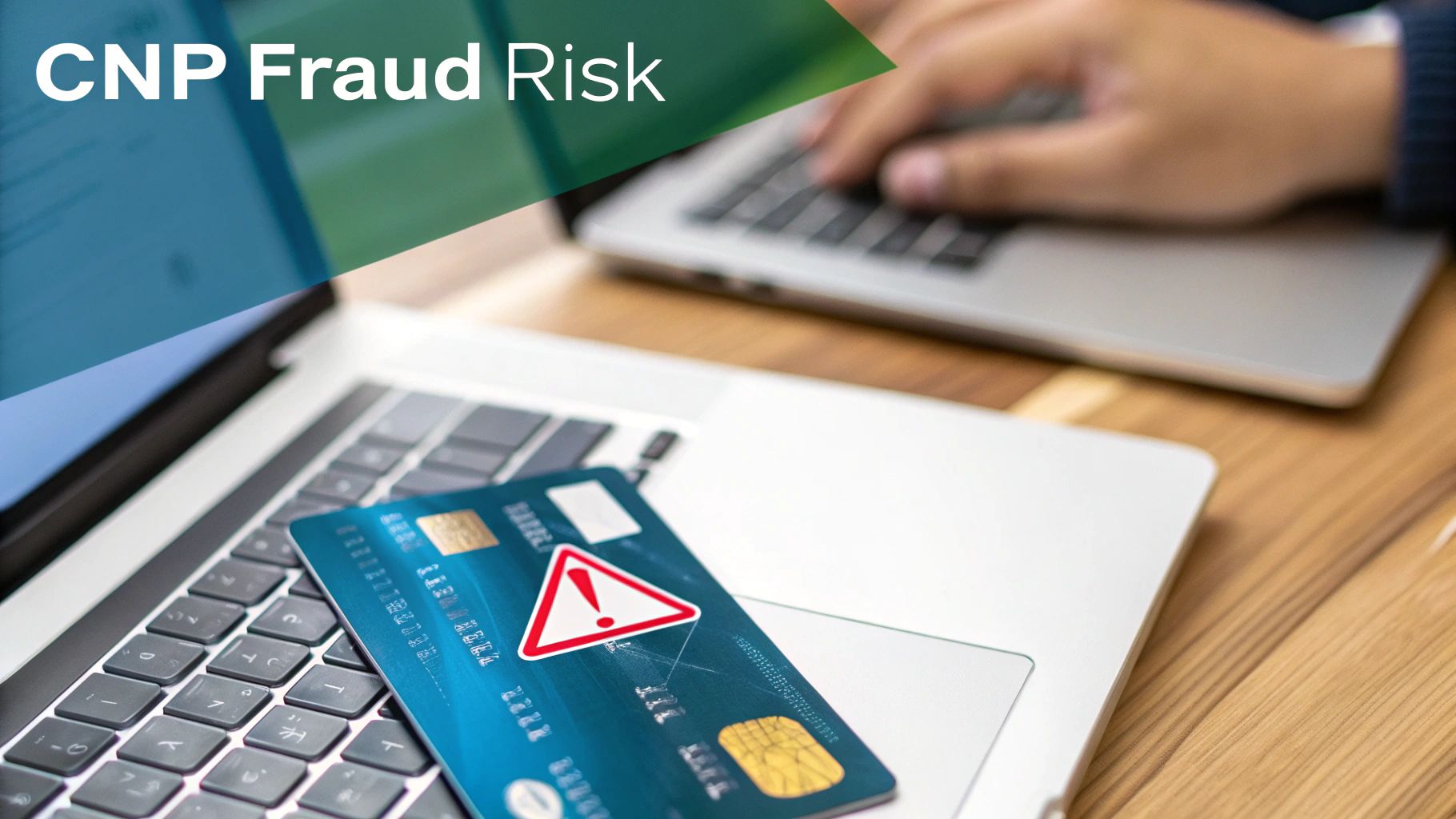 A credit card with a red warning sign rests on a laptop keyboard, symbolizing CNP fraud risk.