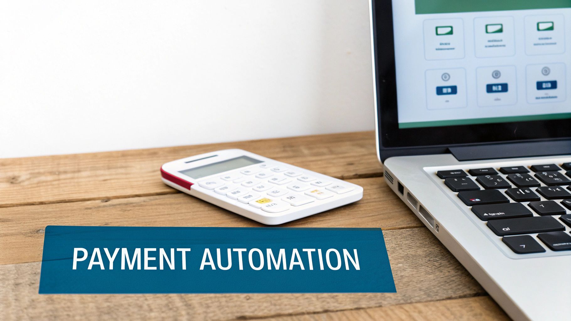 A calculator, laptop, and a "Payment Automation" banner on a wooden desk.