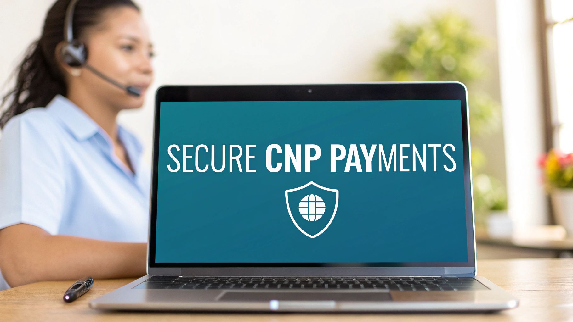 Laptop screen displays 'SECURE CNP PAYMENTS' with a security shield, while a customer service agent works in the background.