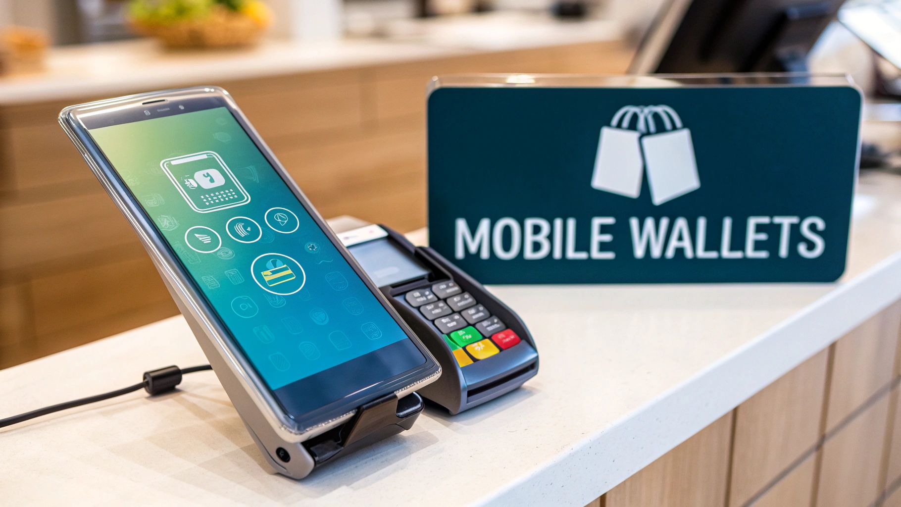 A smartphone displaying a mobile wallet app, a payment terminal, and a 'Mobile Wallets' sign on a counter.