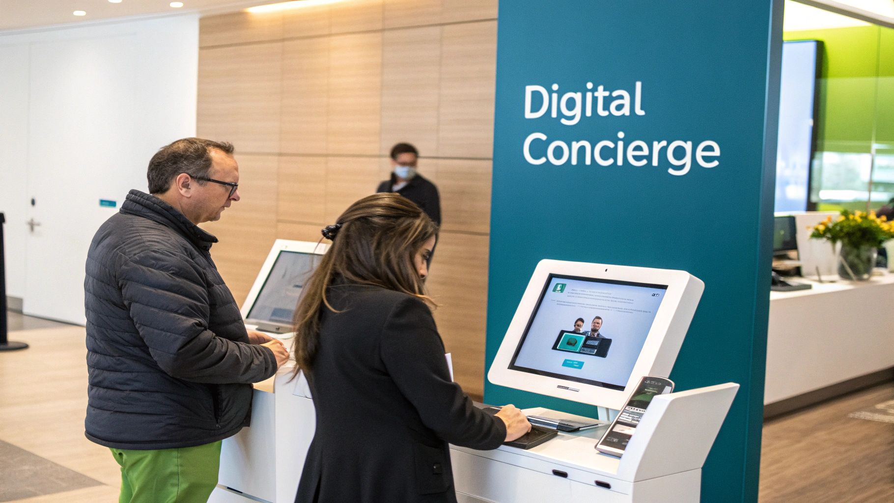 Man and woman use digital concierge kiosks in a brightly lit, modern customer service area.