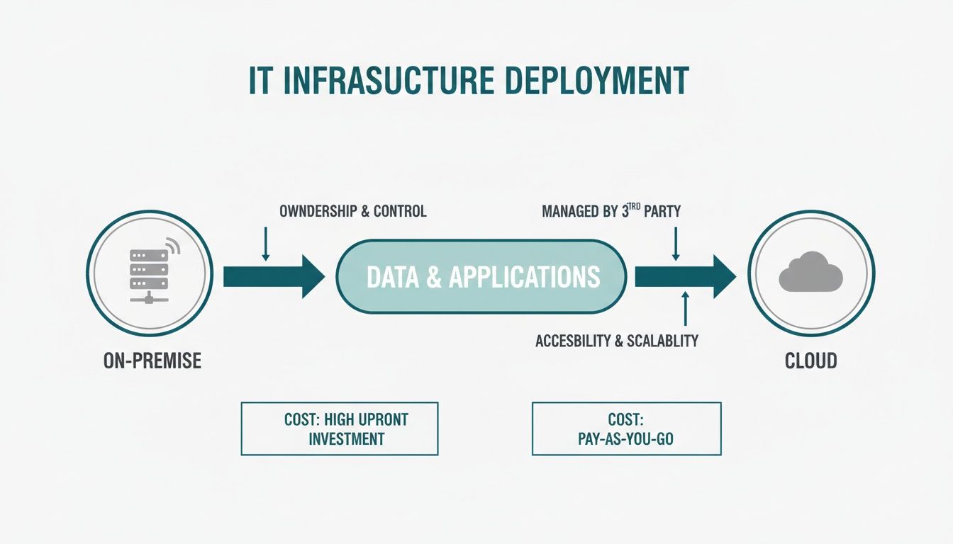 Diagram showing IT infrastructure deployment options: on-premise vs. cloud, comparing costs and management.