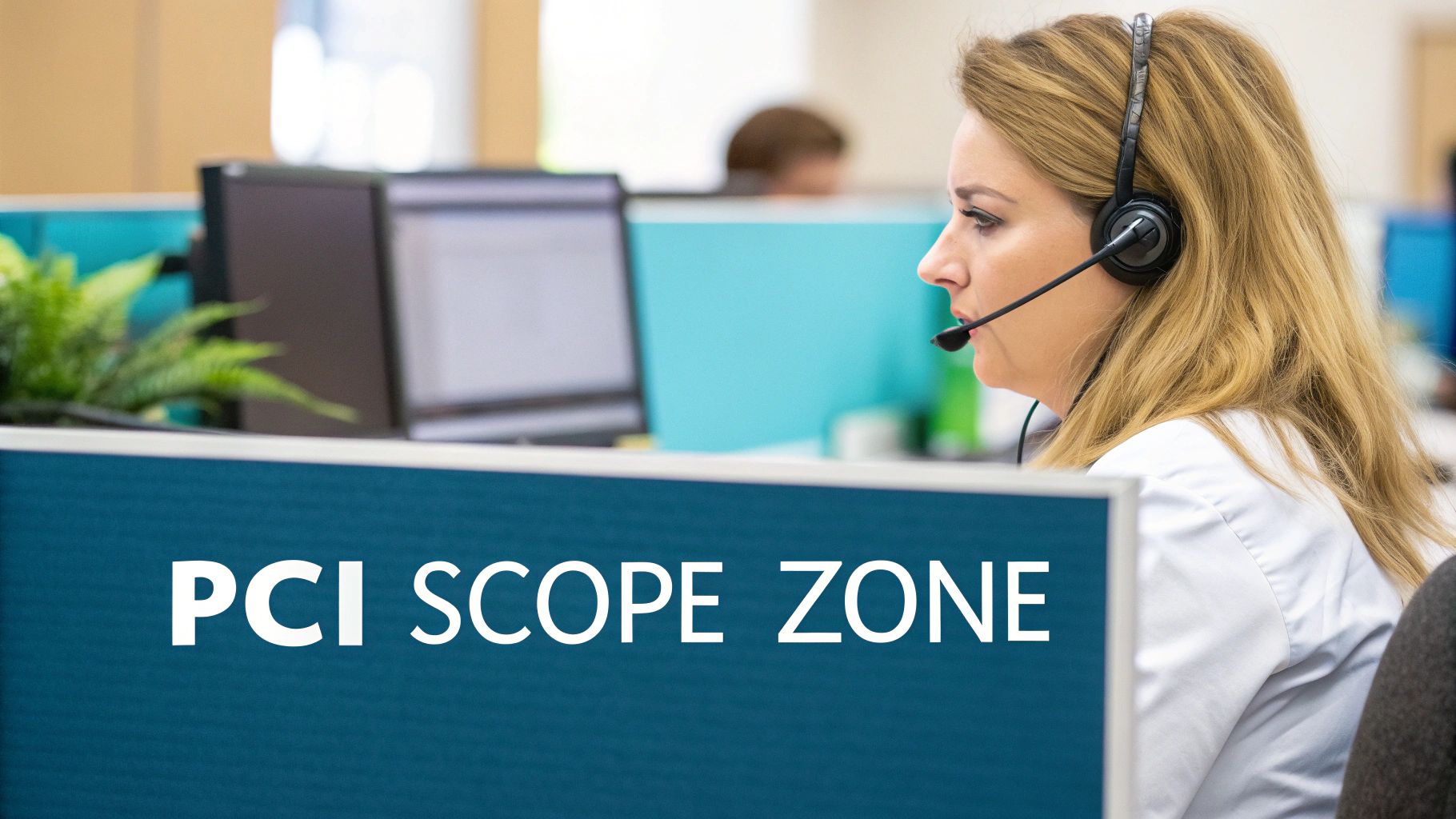 A woman wearing a headset in a call center, with 'PCI Scope Zone' text on a partition.