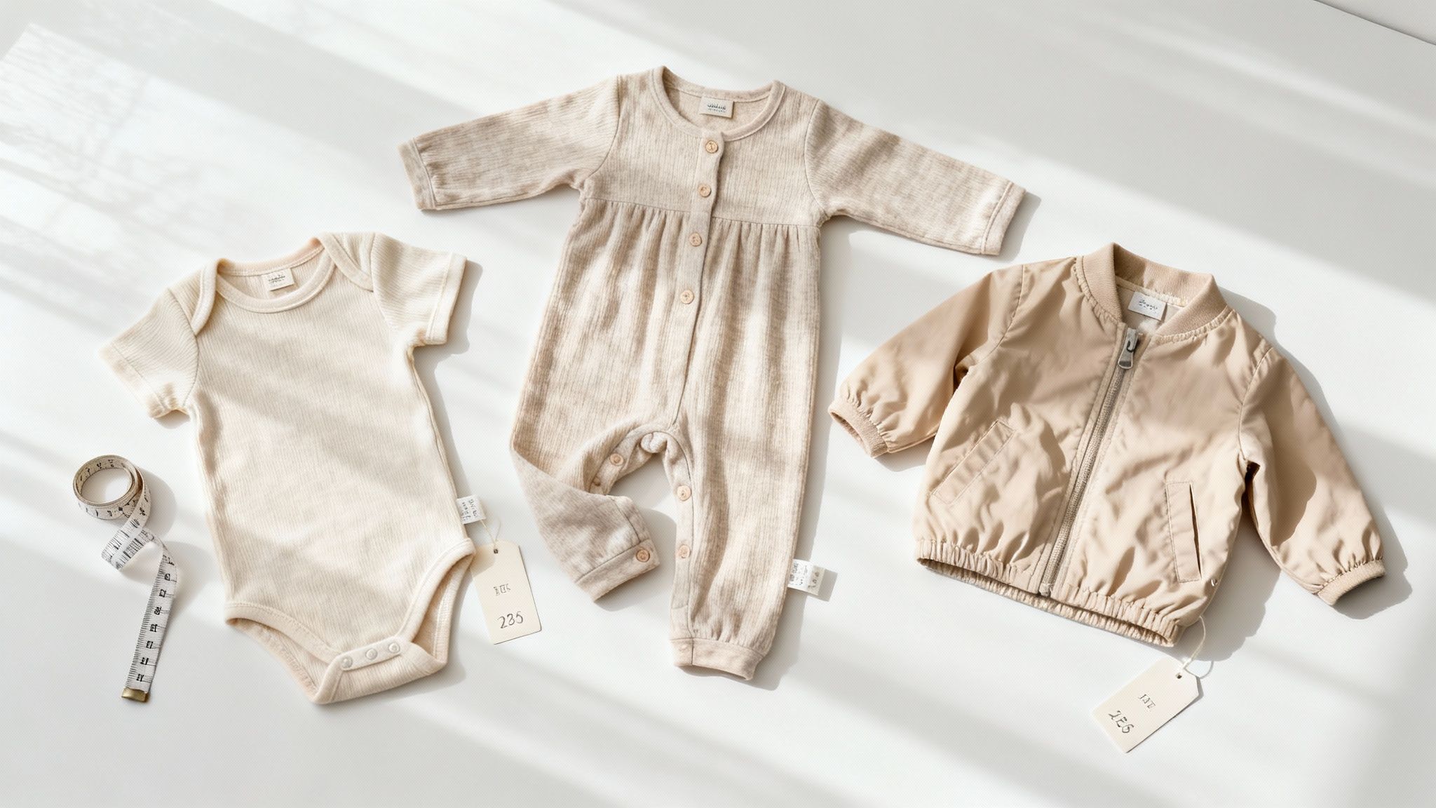 Neutral-toned baby clothes, including a bodysuit, romper, and jacket, on a white surface with a measuring tape.