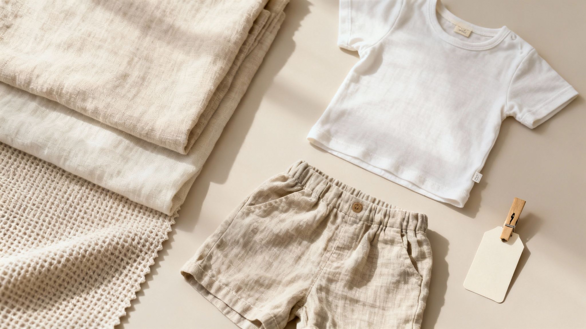 Flat lay of natural baby clothes: white t-shirt, linen shorts, and folded fabrics.