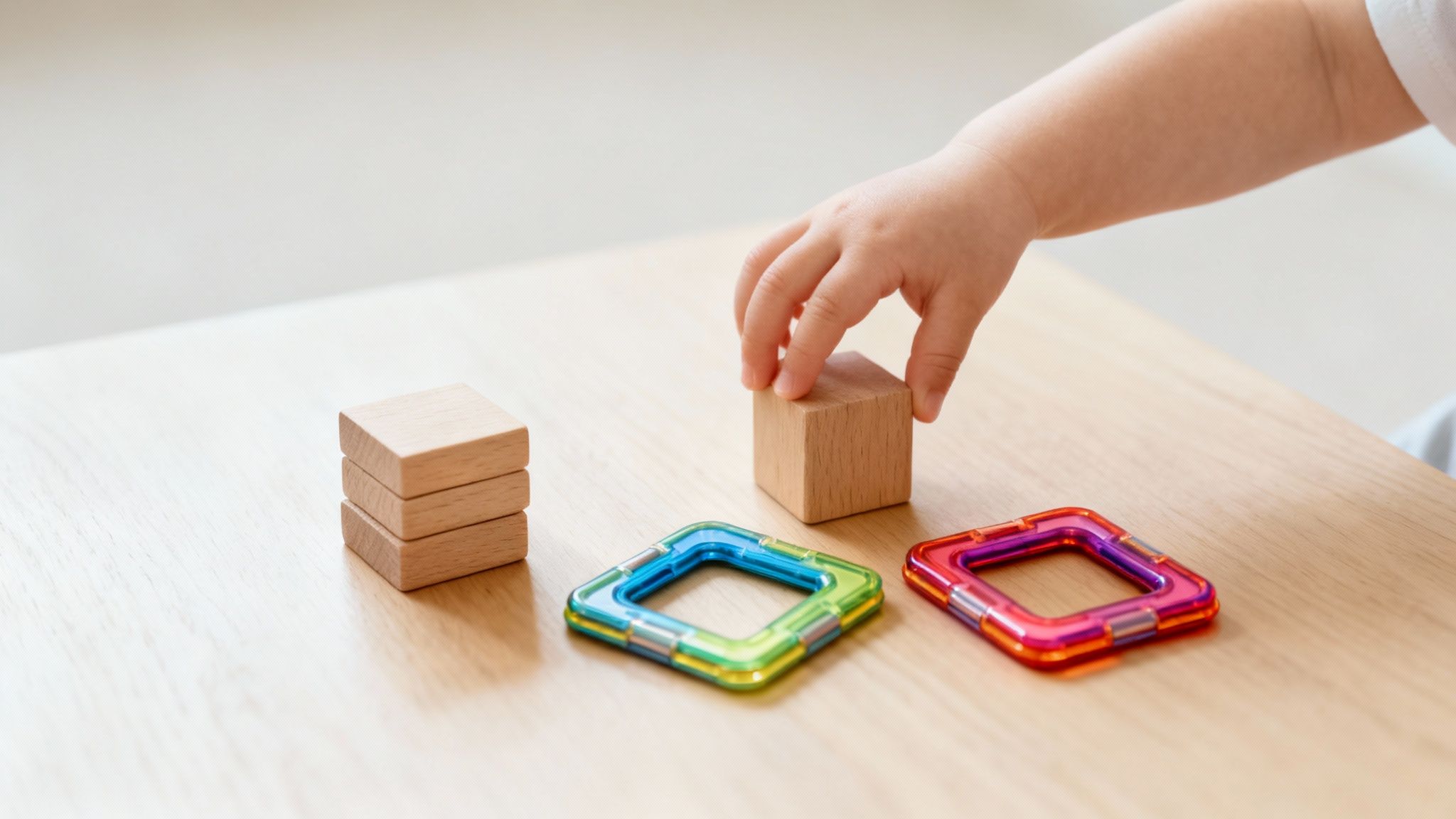 A baby's hand picking up a wooden block next to colorful magnetic toys on a light wooden table.