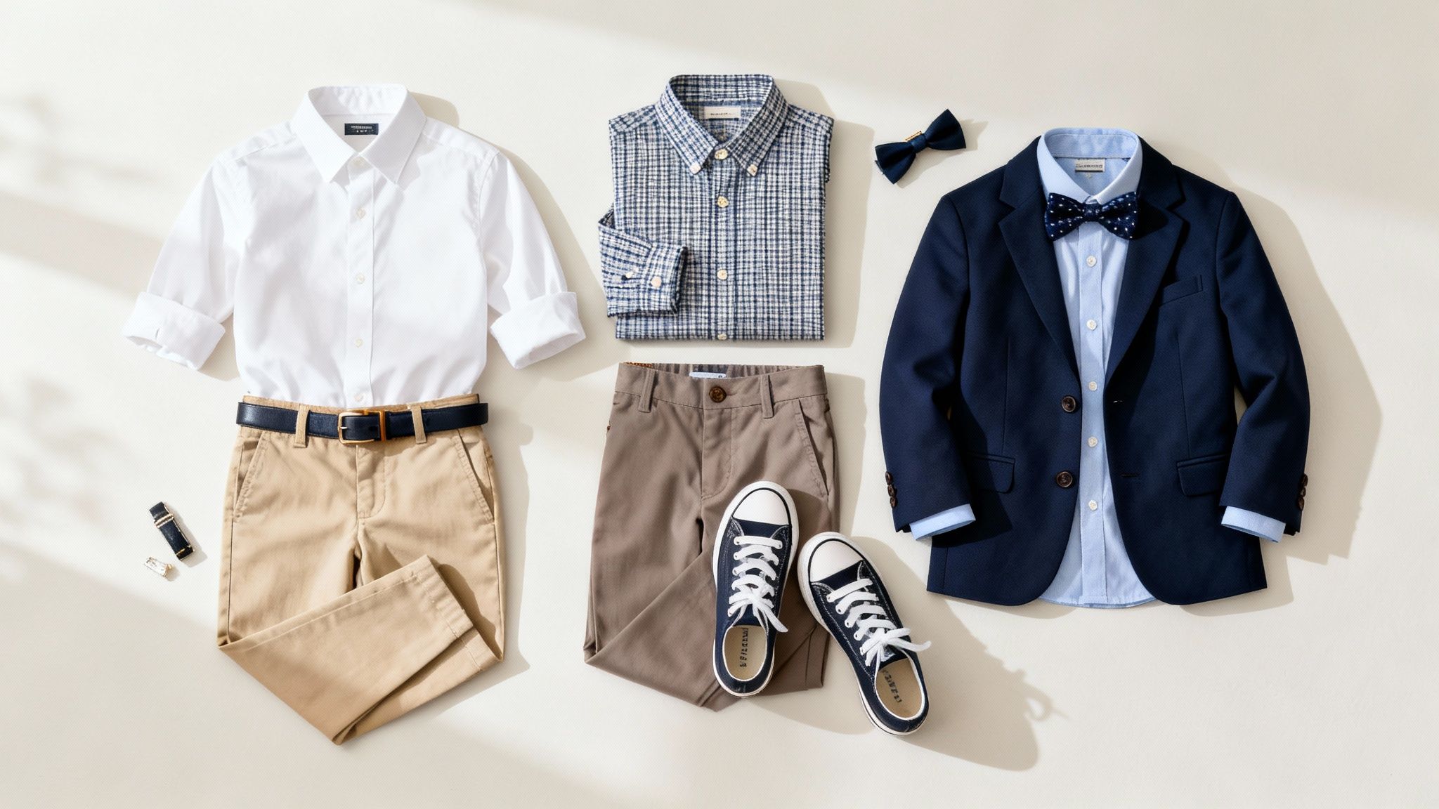 Several stylish boys' outfits laid flat, featuring shirts, pants, blazer, sneakers, and accessories.