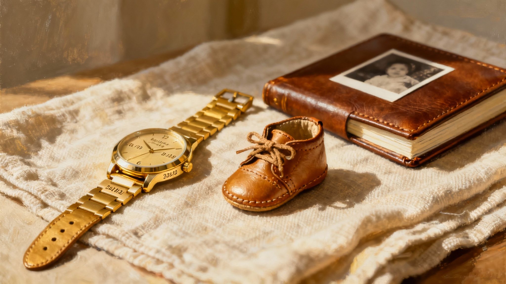 Leather baby shoe, gold watch, and photo album arranged on white fabric background