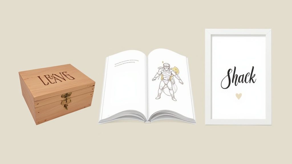 A personalized wooden box filled with baby keepsakes, including a first pair of shoes and a hospital bracelet.