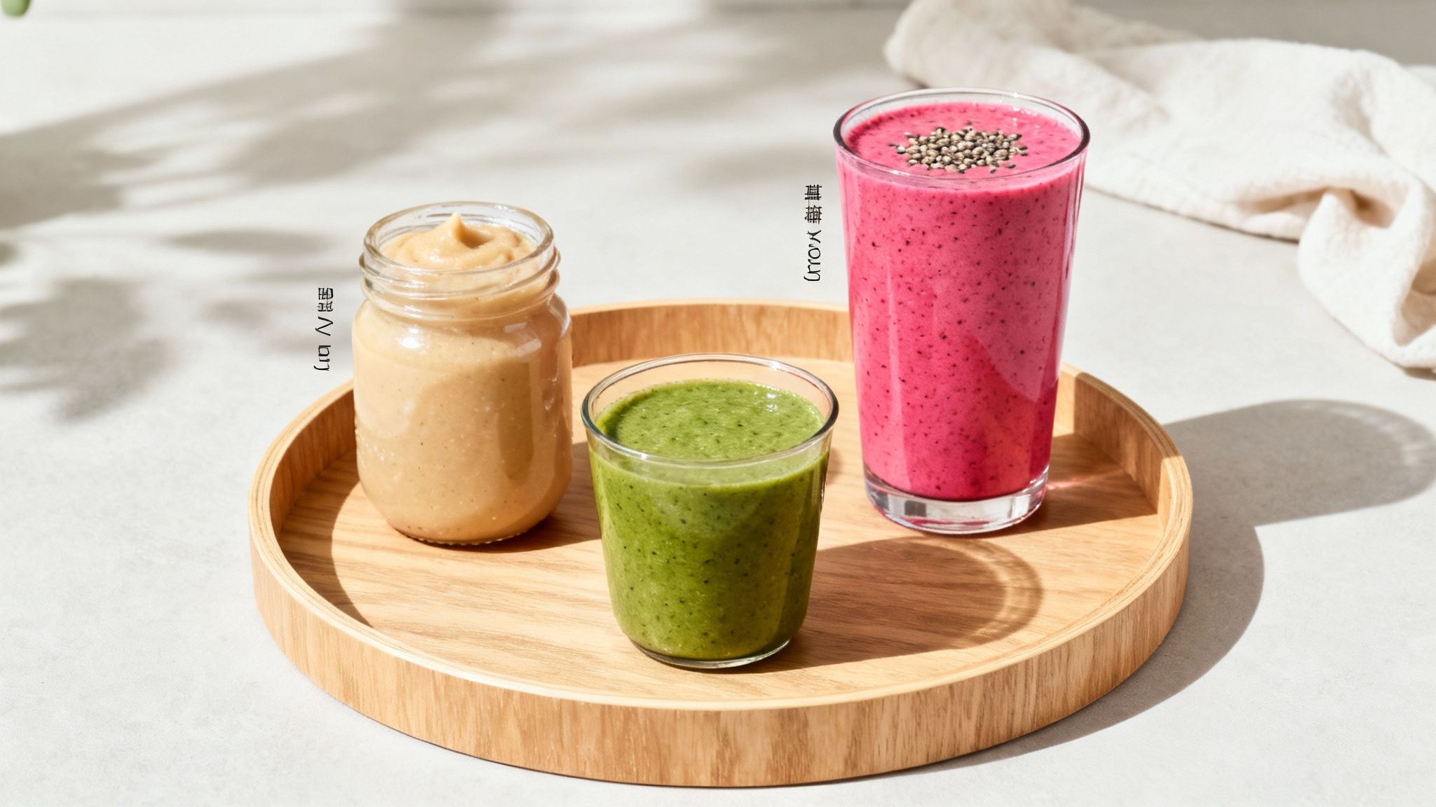 Three colorful smoothies in beige, green, and pink arranged on wooden serving board
