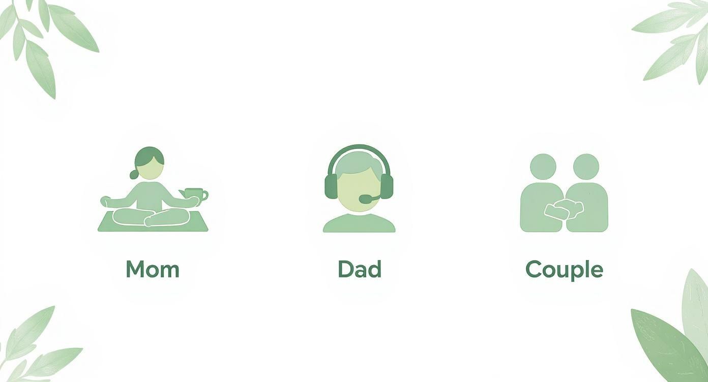 Three green icons representing family: a meditating mom, a dad with a headset, and a couple.