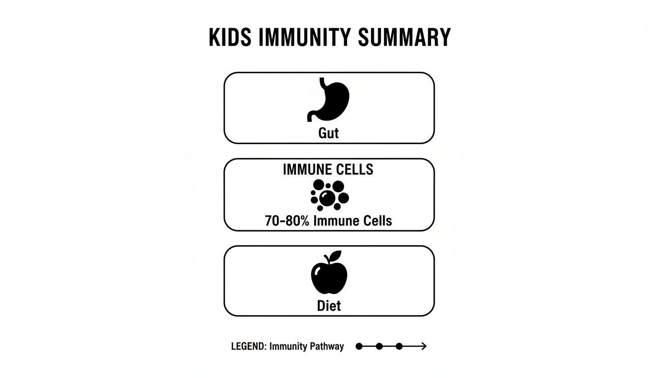 An infographic summarizing kids' immunity, showing the importance of gut, immune cells (70-80%), and diet.
