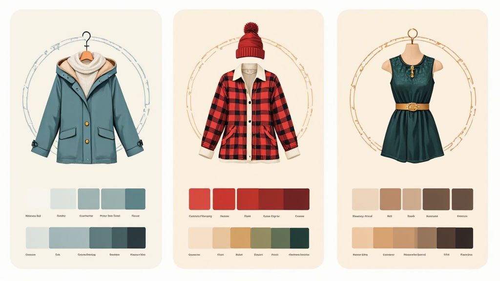 A family dressed in cozy cabin-themed outfits, with flannels and warm neutrals, posing outdoors.