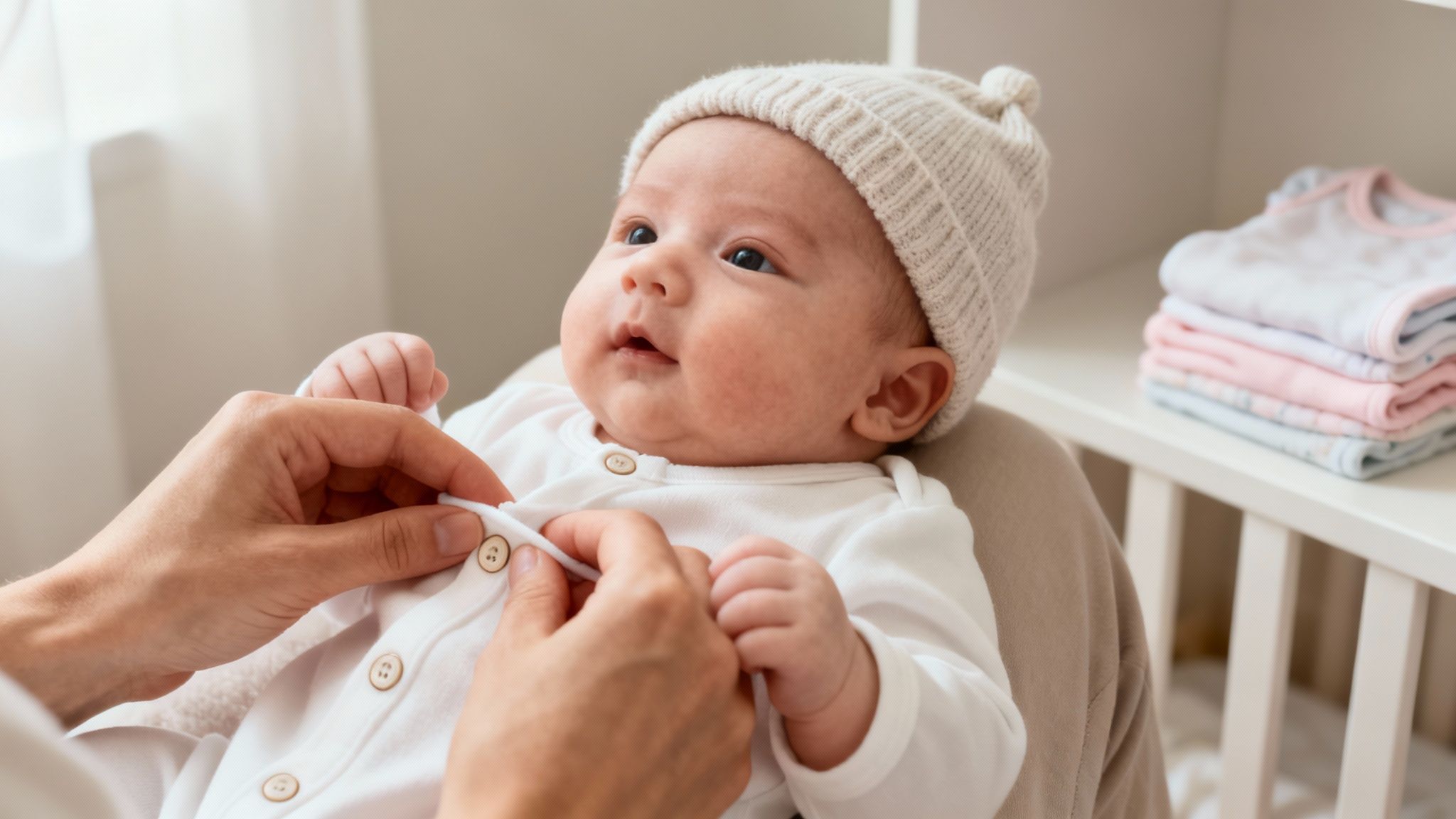A parent's hands are dressing a cute newborn baby in a white outfit and a beige hat, with clothes stacked nearby.