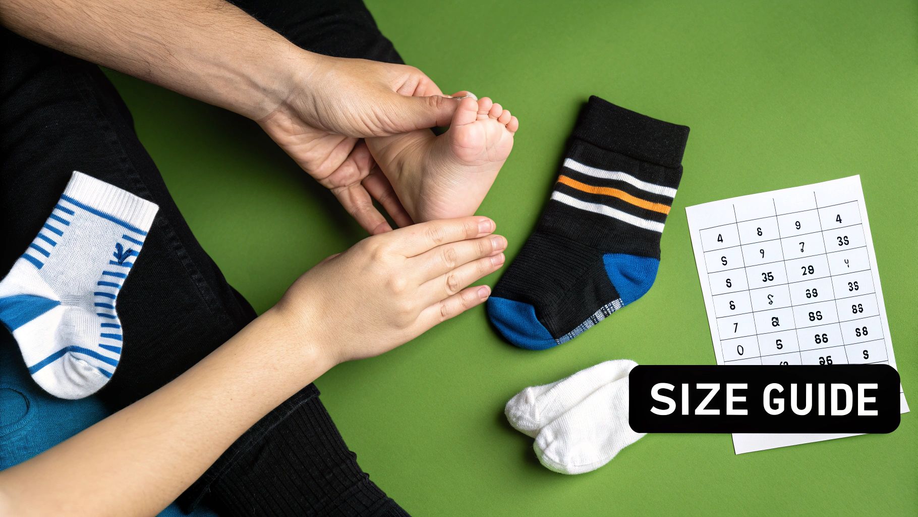 A baby's feet wearing white socks, held gently by an adult's hands.