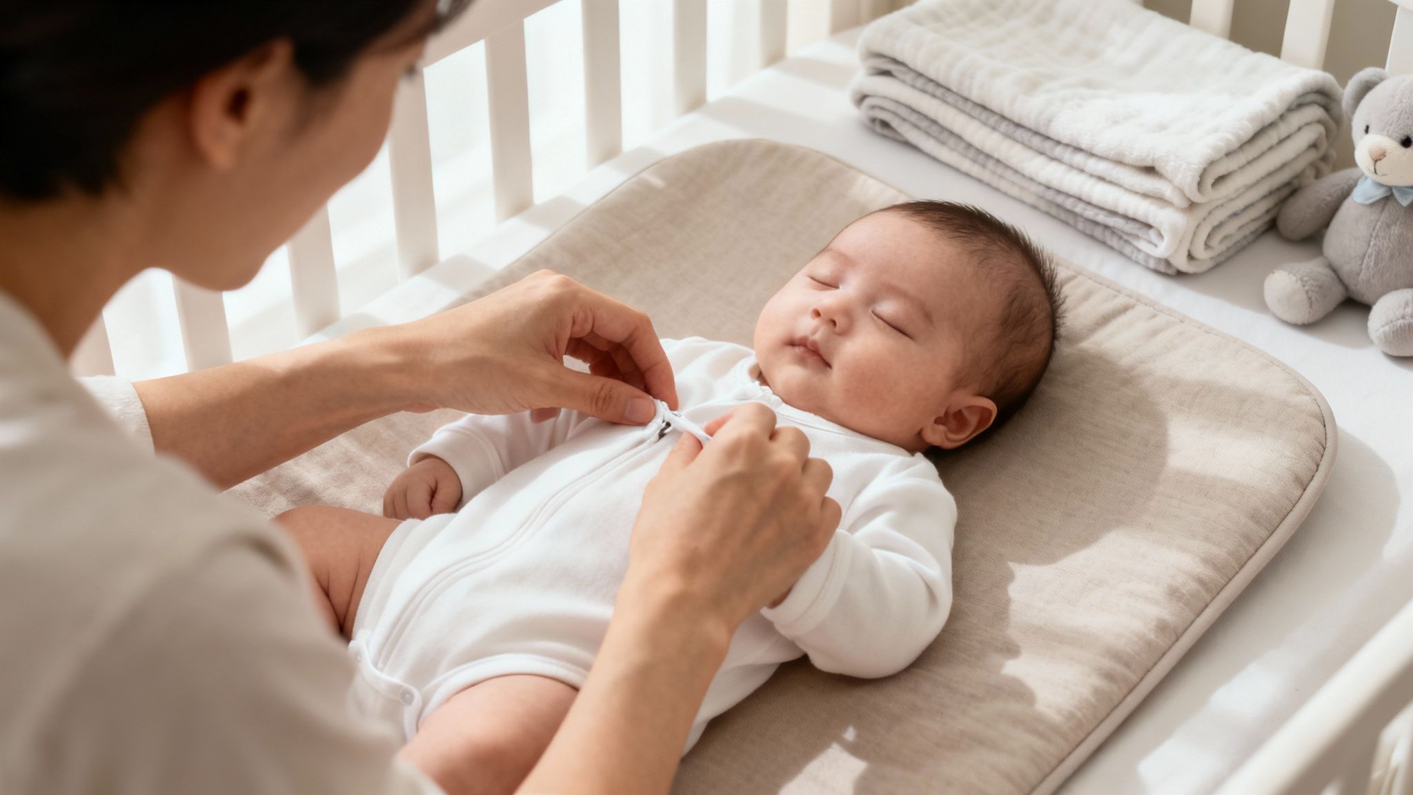 A mother zips up her sleeping baby's white outfit in a crib with blankets and a teddy bear.